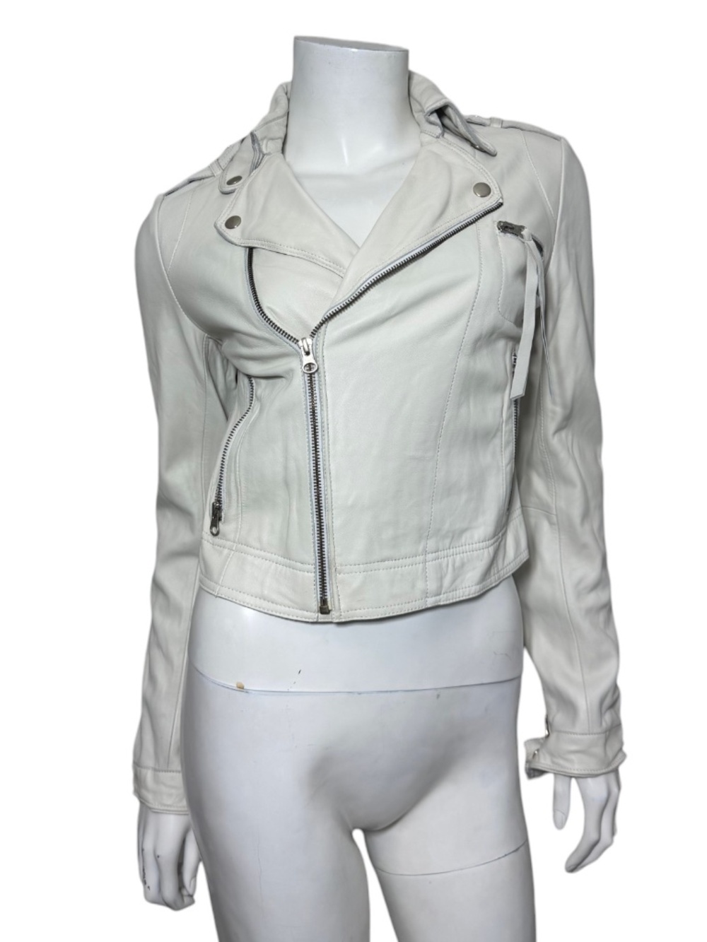 JAKETT NEW YORK Tina Washed Leather Fringe Moto Jacket Off White Cream XS $715